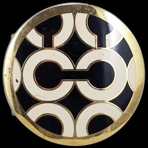 Coach Signature C Logo Round Belt Buckle Gold Tone Black Cream Vintage